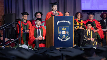 Playwright Lucy Prebble gives a speech whilst receiving her Honorary Doctor of Letters at the University of Sheffield.