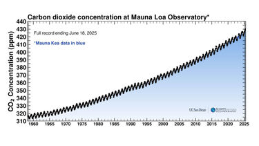 This graph shows the CO2 concentration in the atmosphere and its seasonal variation have increased from just under 320 ppm in 1960 to over 430 in 2025