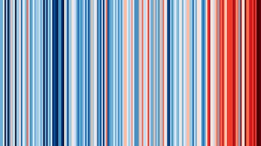 The latest 'Warming Stripes' graph, colour coded with red and blue stripes to show the average temperature for a single year compared to the relative average temperature. The frequency and intensity of the red stripes increases to the right of the graph, highlighting how quickly our planet is warming.