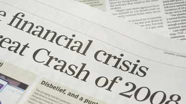 Newspaper cutting containing headline financial crisis, crash of 2008 