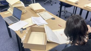 Nina arranging Peter Tinniswood’s radio play scripts