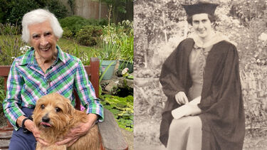Side-by-side images of Marion Wiles in retirement with her dog (colour), and as a student (black and white)