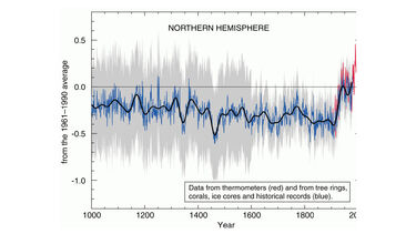 A graph showing the average air temperatures in the Northern Hemisphere from 1500 AD to the present using a number of different sources of data (thermometers, tree rings, corals, ice cores and historical records. The graph shows a sharp increase in average temperatures over the last 100 years.
