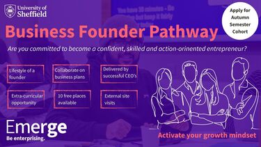 Purple background with information and outline of group posing at camera - 'are you committed to become a confident, capable and skilled founder?'