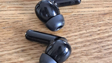 A photo of a pair of black earbuds