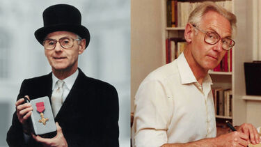 A composite image showing Jack posing with his OBE, and also writing in a study