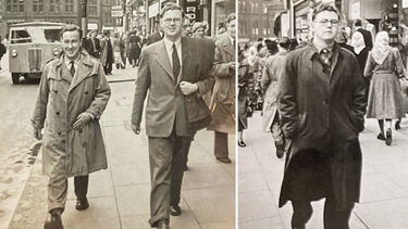 A composite black and white image showing two angles of Jack walking down Pinstone Street in Sheffield in 1950