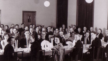 Chemistry Research dinner, December 1949 (black and white) - rows of smartly-dressed people seated at long dining tables