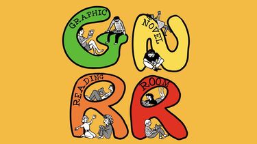 Colourful graphic of letters GNRR, short for Graphic Novel Reading Room