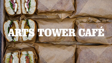 An image of focaccia sandwiches with the Arts Tower Cafe logo on top of the picture