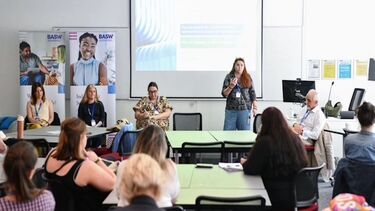 Danica stands at the front of a room delivering her presentation