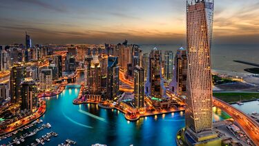 An aerial view of Dubai, United Arab Emirates at night
