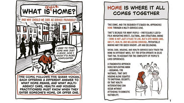 Front cover and page one of comic