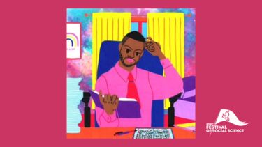 Illustration of a man person in a pink shirt holding a book and scratching their head in thought. 