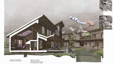 Cross section of building centred around courtyard multiple uses 