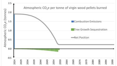 Graph showing how for every tonne of wood burned there are approximately 1.9 tonnes of CO2 equivalent emissions.