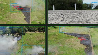 views from four drones and  the developed AI system detecting the fire and smoke and visualises them with boxes around them. 