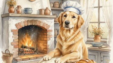 Image is AI generated by Google Gemini on 5/11/2025. “Please create a portrait style watercolour painting of a single golden retriever wearing a tiny chef's hat and baking bread in a rustic kitchen. The image should feel romantic and hopeful.”
