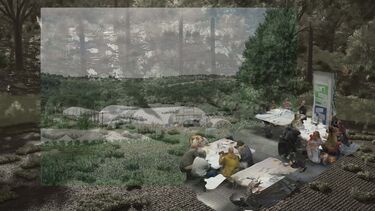 A graphic overlaying a green field with barns over a darker image of a forest with a gathering of people