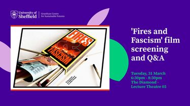 Fires and Fascism film screening poster. It contains a matchbox filled with matches and money with the words "Fire and Fascism" on the box. 