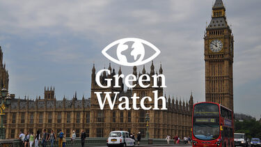 the Houses of Parliament and Big Ben with the Green watch logo overlaid 
