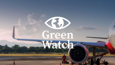 The wing of an airplane with the Green Watch logo overlaid