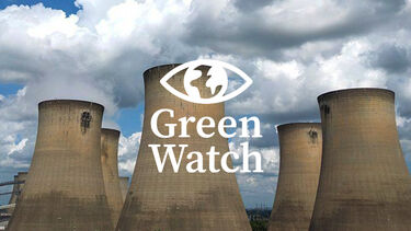 The towers of Drax power station with the Green Watch logo overlaid