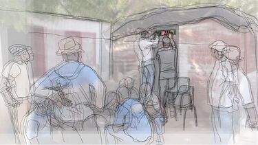 Impressionistic sketch of a group of men fixing something