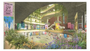 A drawing of the inside of a multi storey building being overgrown with plants and flowers