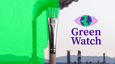 A paint brush painting green over a photo of a polluting factory with the Green Watch logo overlaid 
