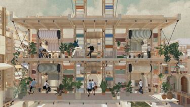 A drawing of a wooden building containing people working on four rolls of material