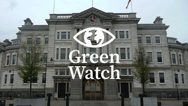 The exterior of Kent County Council main building with the Green Watch logo overlaid on top