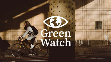 person cycling with the Green watch logo overlaid