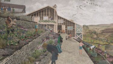 A drawing of a wooden building with flower beds and people walking along a path amongst them