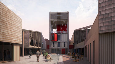 A drawing of people sitting and walking between modern buildings