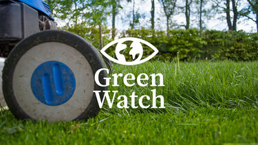 the front of an electric lawnmower cutting a lawn