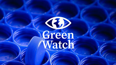 blue bottle tops in a row with the Green Watch logo overlaid