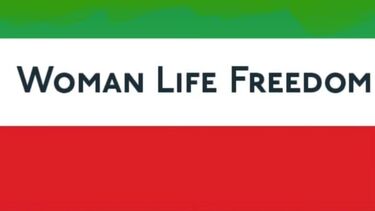 Iran flag with the words: Woman Life Freedom
