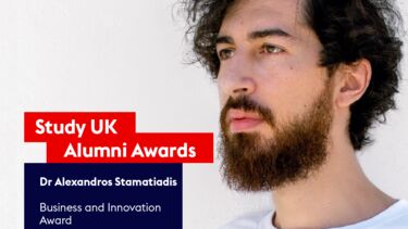 Graphic showing Alex Stamatiadis, UK Alumni Award winner