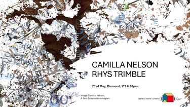 Text reads: CAMILLA NELSON & RHYS TRIMBLE  Time: 7th of May, 2026 6.30pm Diamond, LT2 University of Sheffield