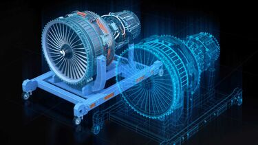 Image of a jet engine with a CAD rendering of an identical image alongside it