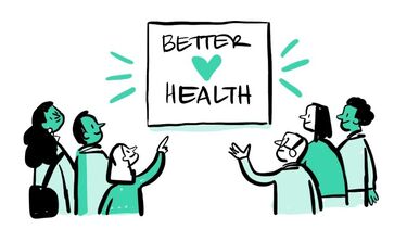 A small crowd of people are gathered around a sign that reads Better Health