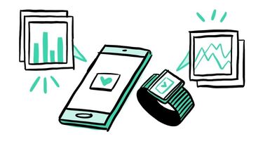 An animation of a smartphone and smart watch displaying graphs