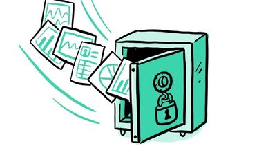 An animation of documents flying into a safe.