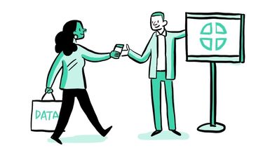 An animation of a woman handing over data to the Smart-Health project.