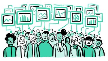 An animation of a crowd of people with graphs above their heads