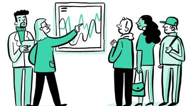 An animation of a small group of people gather around a graph