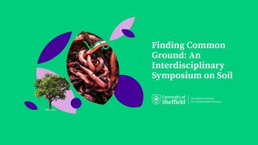 The poster for the Finding Common Ground: An Interdisciplinary Symposium on Soil featuring a circular design with worms 