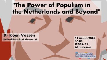 image of a srawn face close up with the title of the upcoming lecture By Koen Vossen: The power of populism in the Netherlands and beyond