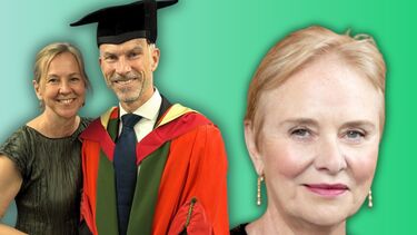 Three smiling people superimposed on a green background